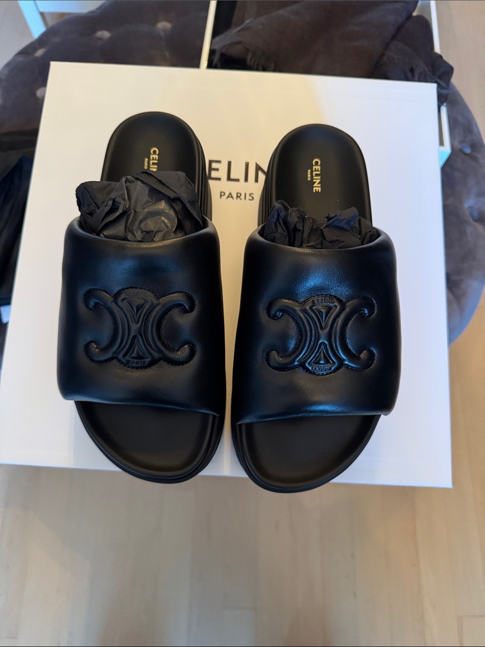 Celine Black Triomphe Platform Slide Mule